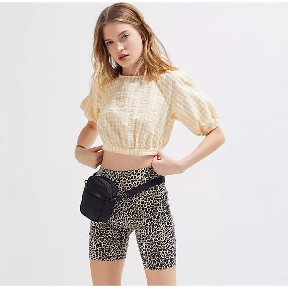 urban outfitters yellow gingham puff sleeve tie back top - Picture 3 of 4